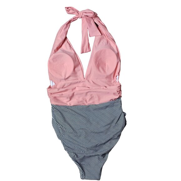 Cupshe Women's Swimsuit Size Medium Peach Halter One Piece Swim Striped Ruching - Picture 6 of 10